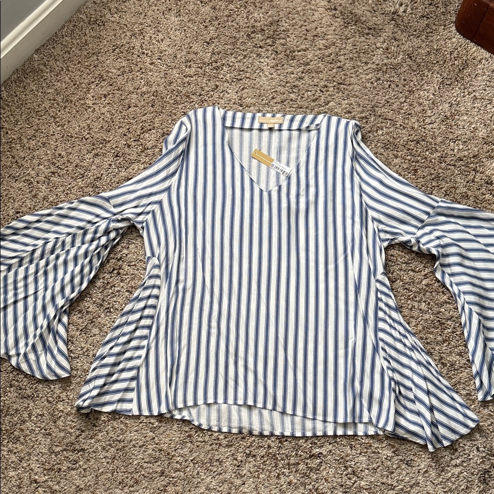 Striped V-Neck Blouse with Flared Sleeves